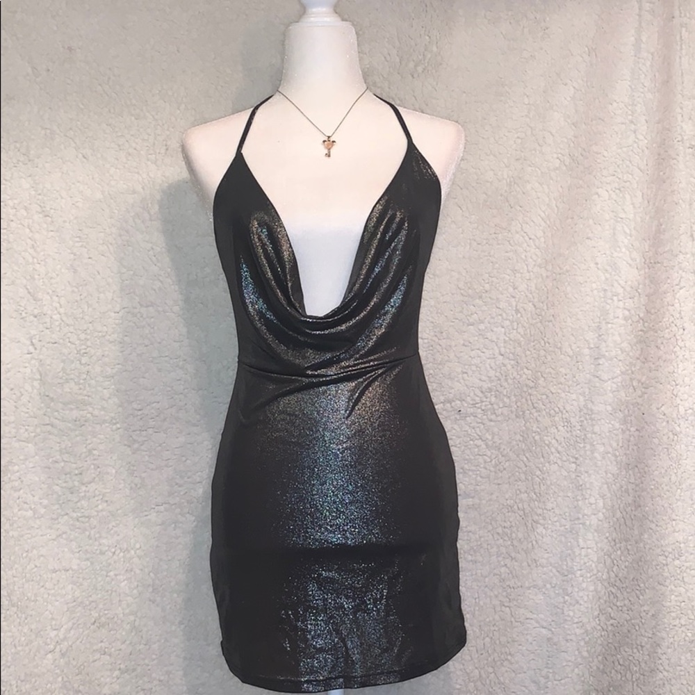 (Sold) Deep V Neck Backless Halter Metallic Dress